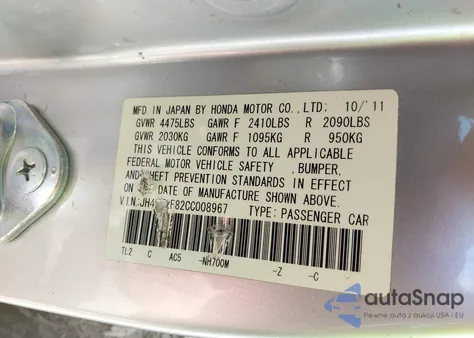 2012 Acura Tsx 2.4 из США, поврежденный, VIN JH4CU2F82CC008967